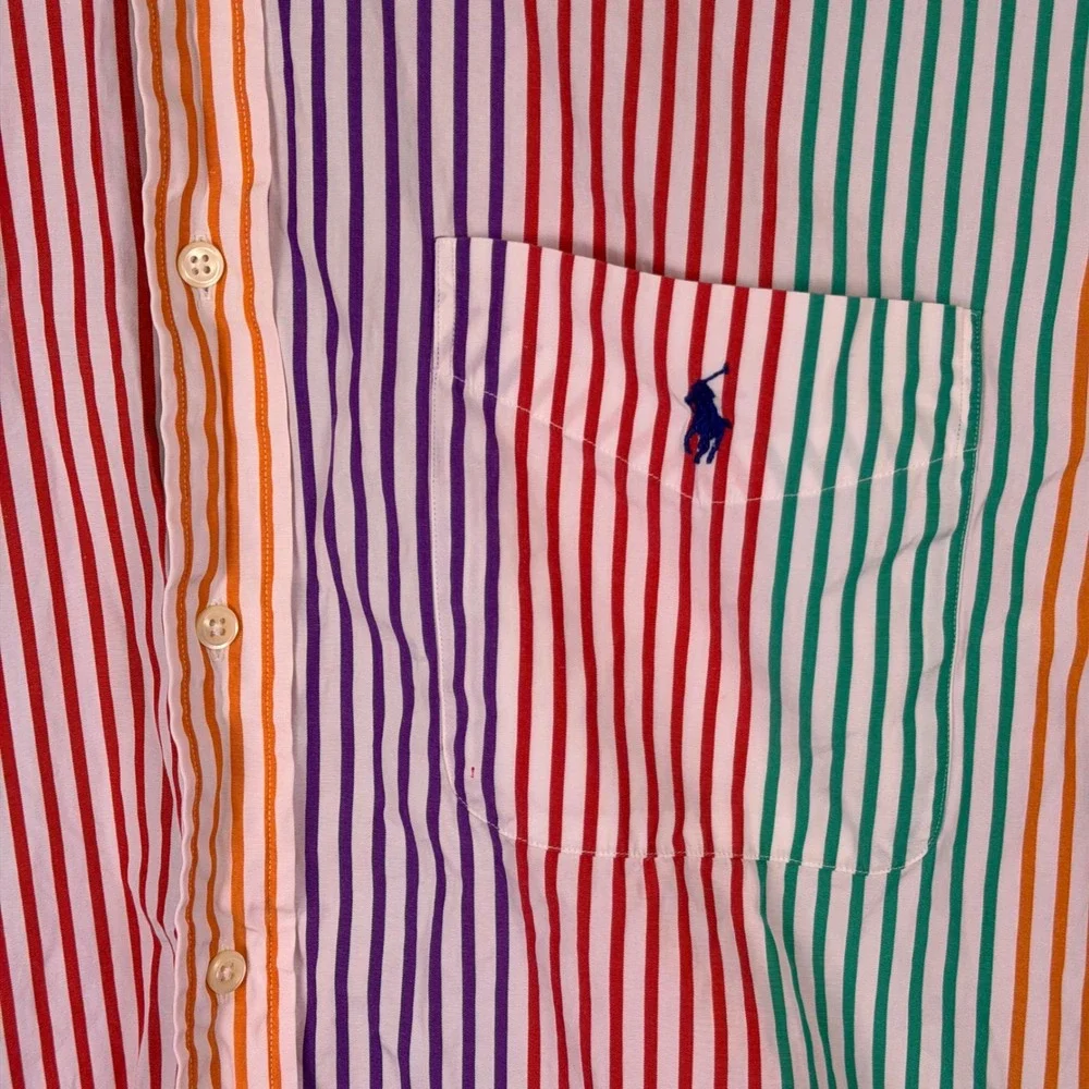 Vintage Ralph Lauren Button Down Mens L Multicolor Stripe Poplin Rainbow Blaire